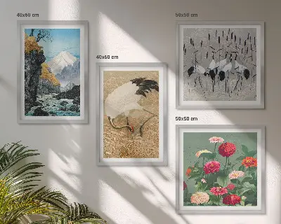 Meerluik in lijst met een afbeelding van bergen, een rivier, bloemen en kraanvogels
