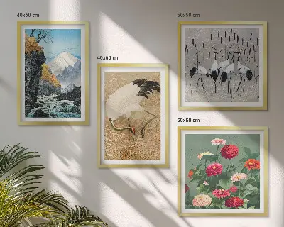 Meerluik in lijst met een afbeelding van bergen, een rivier, bloemen en kraanvogels