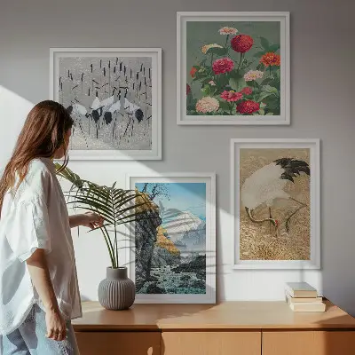 Meerluik in lijst met een afbeelding van bergen, een rivier, bloemen en kraanvogels
