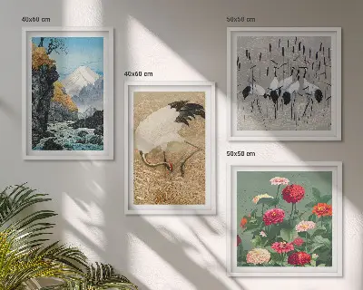 Meerluik in lijst met een afbeelding van bergen, een rivier, bloemen en kraanvogels