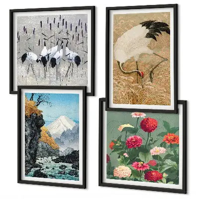 Meerluik in lijst met een afbeelding van bergen, een rivier, bloemen en kraanvogels
