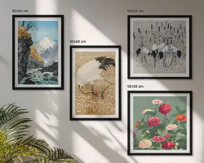 Meerluik in lijst met een afbeelding van bergen, een rivier, bloemen en kraanvogels