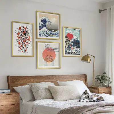 Meerluik in lijst illustraties van Japanse bergen en golven