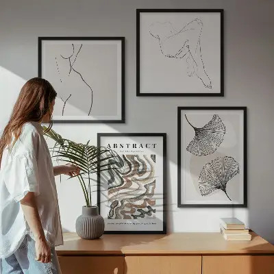 Abstracte boho bladvormen posters set inclusief lijst