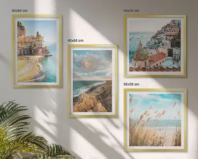 Meerluik in lijst met landschappen van strand, stad en kliffen