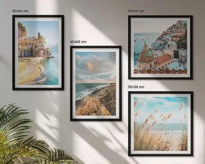 Meerluik in lijst met landschappen van strand, stad en kliffen