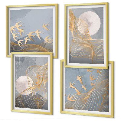 Set van posters met lijst Abstracte golvende cirkels grijs