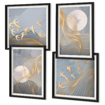 Set van posters met lijst Abstracte golvende cirkels grijs