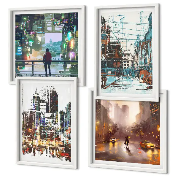 Set van posters met lijst Moderne, kleurrijke steden met karakteristieke personages