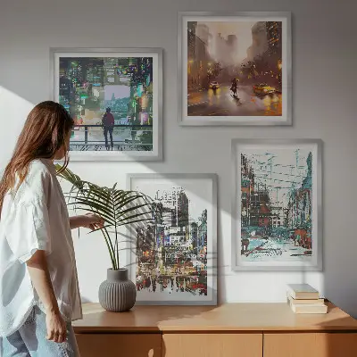 Set van posters met lijst Moderne, kleurrijke steden met karakteristieke personages