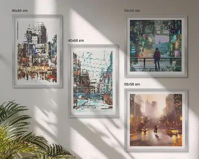 Set van posters met lijst Moderne, kleurrijke steden met karakteristieke personages