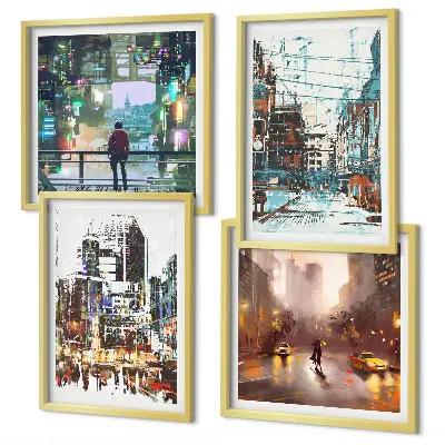 Set van posters met lijst Moderne, kleurrijke steden met karakteristieke personages