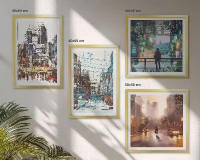 Set van posters met lijst Moderne, kleurrijke steden met karakteristieke personages