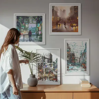Set van posters met lijst Moderne, kleurrijke steden met karakteristieke personages