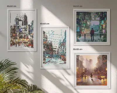 Set van posters met lijst Moderne, kleurrijke steden met karakteristieke personages