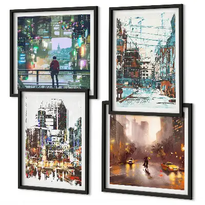 Set van posters met lijst Moderne, kleurrijke steden met karakteristieke personages