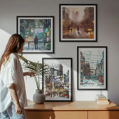 Set van posters met lijst Moderne, kleurrijke steden met karakteristieke personages