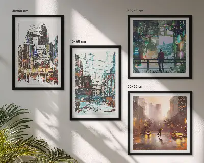 Set van posters met lijst Moderne, kleurrijke steden met karakteristieke personages