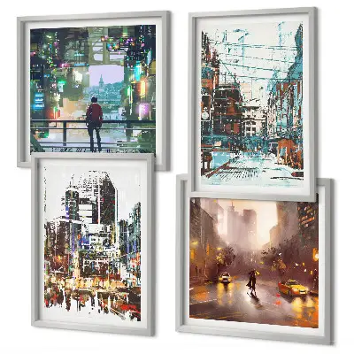 Set van posters met lijst Moderne, kleurrijke steden met karakteristieke personages