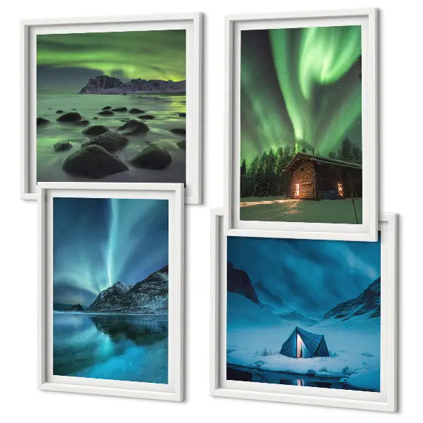 Posterset met lijsten winterlandschap met bergen en noorderlicht