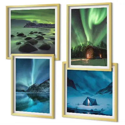 Posterset met lijsten winterlandschap met bergen en noorderlicht