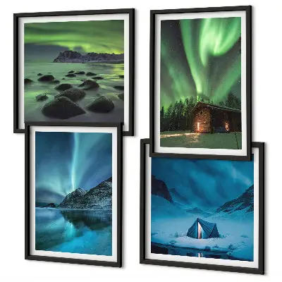Posterset met lijsten winterlandschap met bergen en noorderlicht