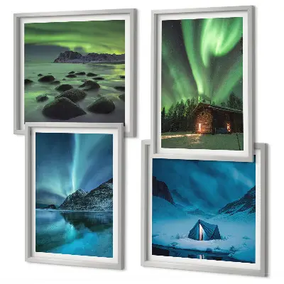 Posterset met lijsten winterlandschap met bergen en noorderlicht