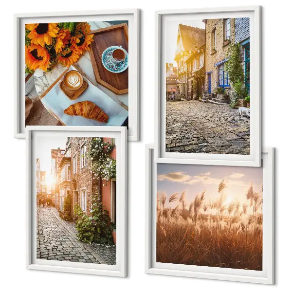 Set van posters met lijst Sfeervolle straatjes met koffie.