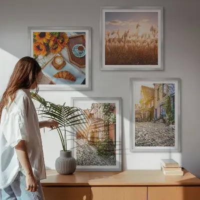 Set van posters met lijst Sfeervolle straatjes met koffie.