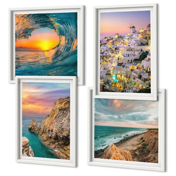 Zeegolven, witte huizen, Santorini meerluik in lijst