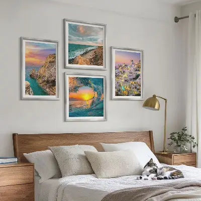 Zeegolven, witte huizen, Santorini meerluik in lijst