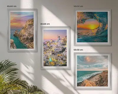 Zeegolven, witte huizen, Santorini meerluik in lijst