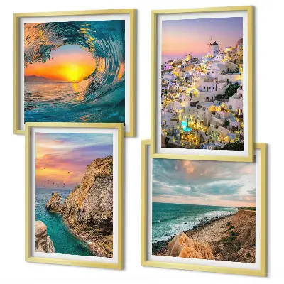 Zeegolven, witte huizen, Santorini meerluik in lijst