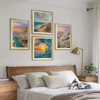 Zeegolven, witte huizen, Santorini meerluik in lijst