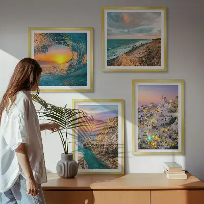 Zeegolven, witte huizen, Santorini meerluik in lijst