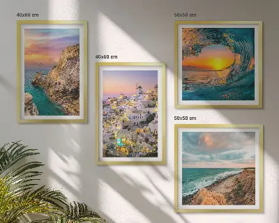 Zeegolven, witte huizen, Santorini meerluik in lijst