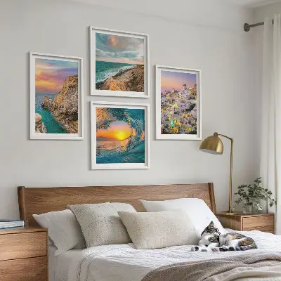 Zeegolven, witte huizen, Santorini meerluik in lijst