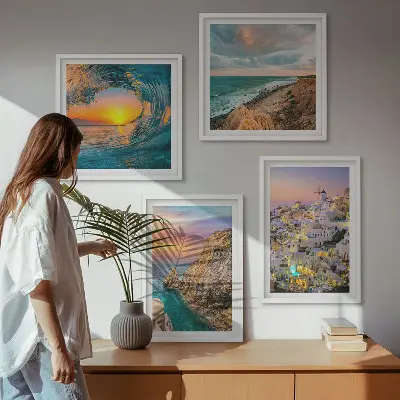 Zeegolven, witte huizen, Santorini meerluik in lijst