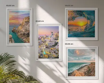 Zeegolven, witte huizen, Santorini meerluik in lijst