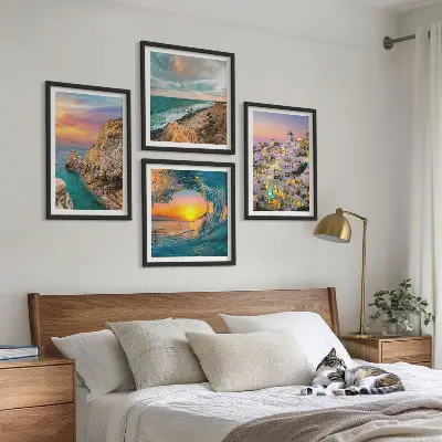 Zeegolven, witte huizen, Santorini meerluik in lijst