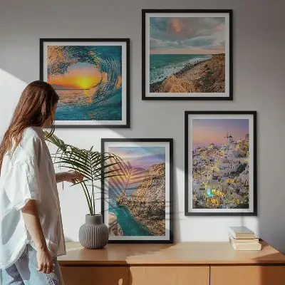 Zeegolven, witte huizen, Santorini meerluik in lijst