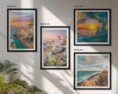 Zeegolven, witte huizen, Santorini meerluik in lijst