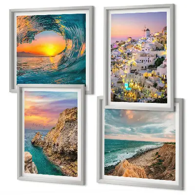 Zeegolven, witte huizen, Santorini meerluik in lijst
