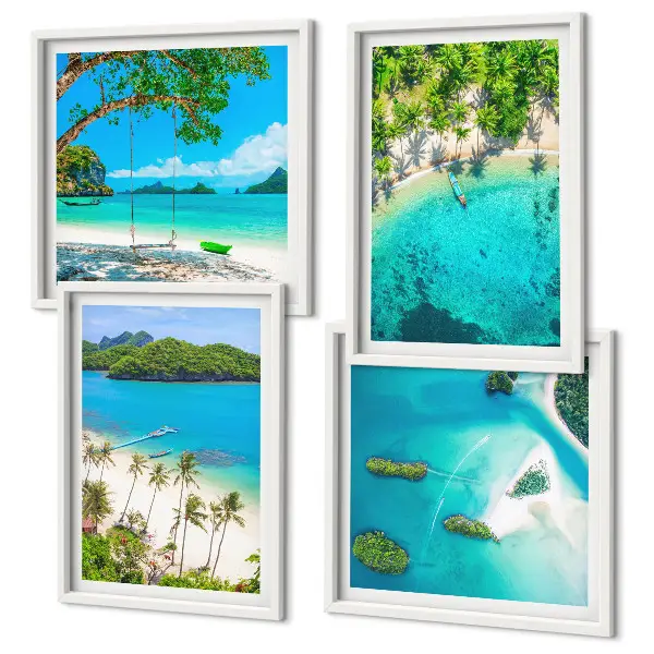 Set posters met lijst met afbeeldingen van stranden, palmbomen en kristalhelder water