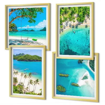 Set posters met lijst met afbeeldingen van stranden, palmbomen en kristalhelder water