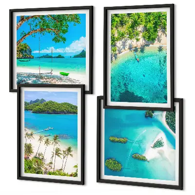 Set posters met lijst met afbeeldingen van stranden, palmbomen en kristalhelder water