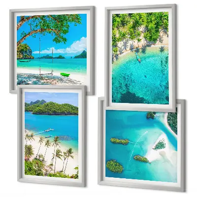 Set posters met lijst met afbeeldingen van stranden, palmbomen en kristalhelder water