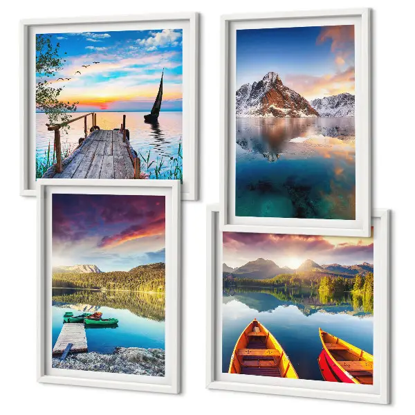 Set van posters met lijst met een landschap van meren, bergen en een boot