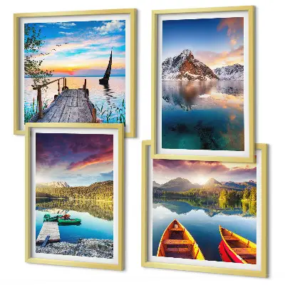 Set van posters met lijst met een landschap van meren, bergen en een boot