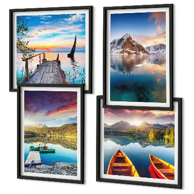 Set van posters met lijst met een landschap van meren, bergen en een boot